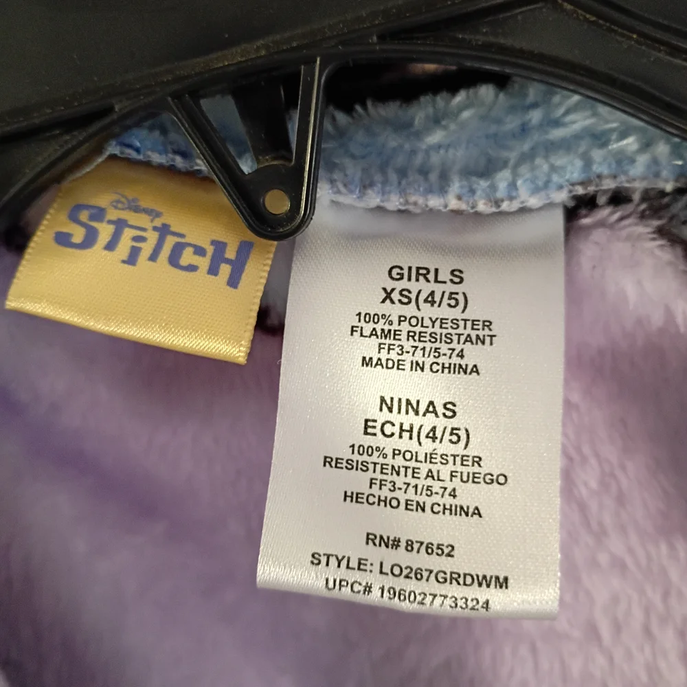 Disney Stitch Girls XS (4/5) Hooded Fleece Robe Purple Graphic Print Long Sleeve